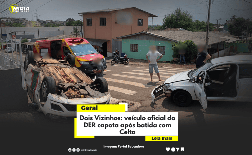 Dois Vizinhos: veículo oficial do DER capota após batida com Celta