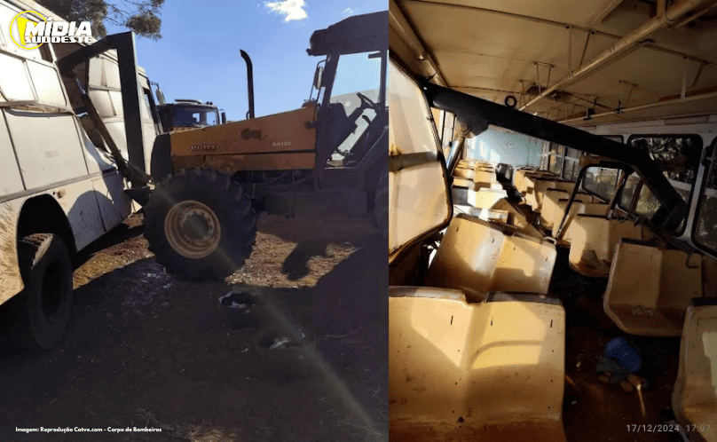 Guarapuava: trator ‘perfura’ ônibus com braço mecânico e fere 5 passageiros