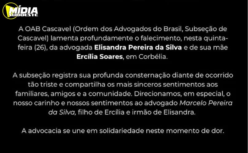 Corbélia: Ordem dos Advogados do Brasil lamenta falecimento de advogada e sua mãe 