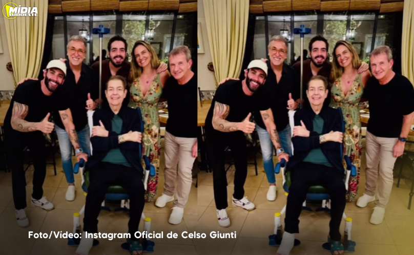 Faustão surge em foto ao lado de Gusttavo Lima e família com o pé enfaixado
