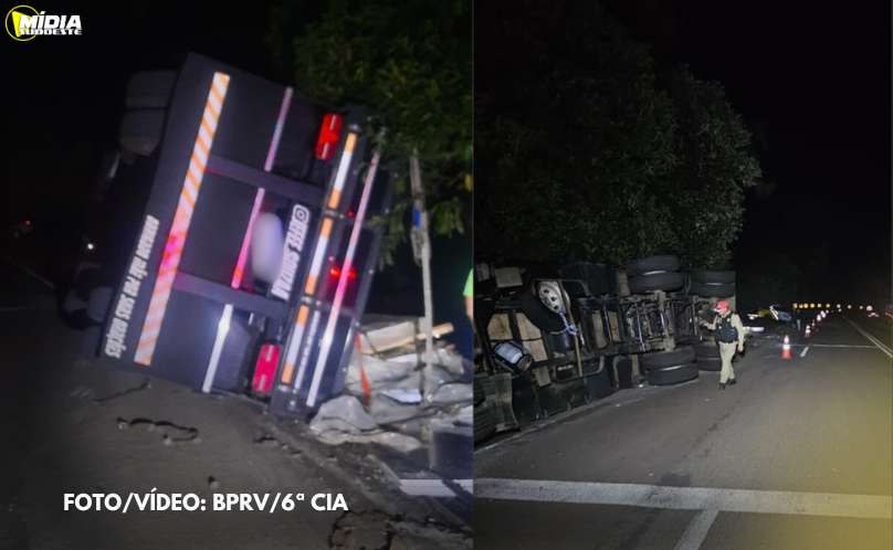 PR-566: caminhão tomba e condutor fica ferido 