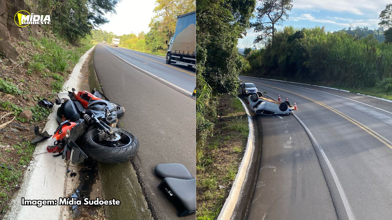 Carro capota na BR-282 após batida envolvendo motocicleta