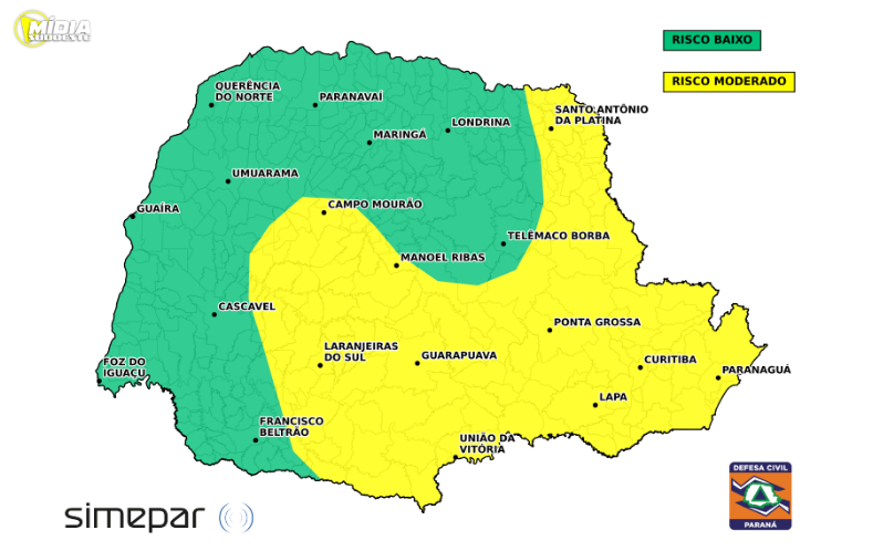 Simepar prevê chuva intensa e tempestades em todo o Paraná