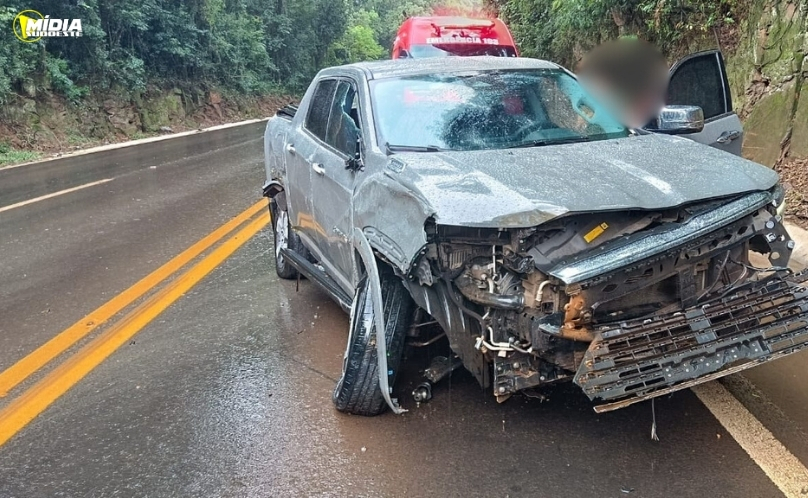 Caminhonete sai da pista e colide em barranco