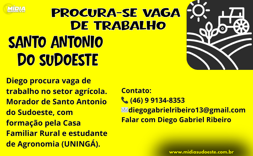 Com experiência no campo, Diego busca vaga de trabalho