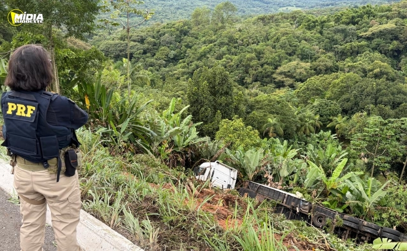 Caminhão carregado sai da pista e cai às margens da BR-277