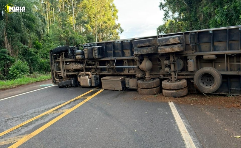 Flor da Serra: caminhão tomba após motorista perder controle