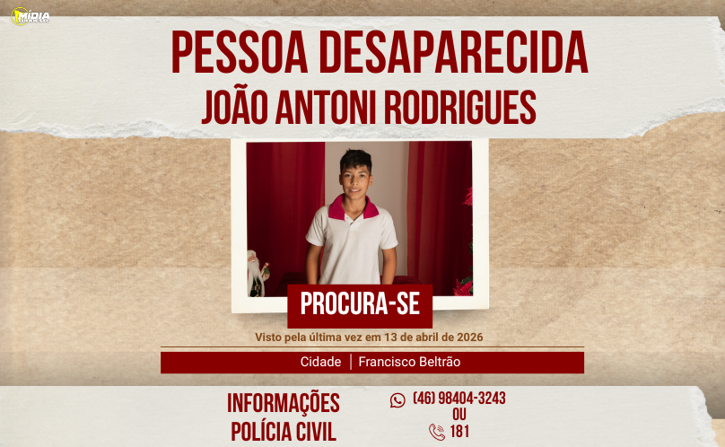 João Antoni Rodrigues desaparece após sair para escola em Francisco Beltrão