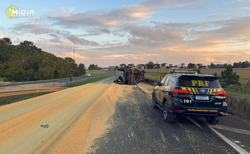 Caminhão carregado com soja tomba na BR-376