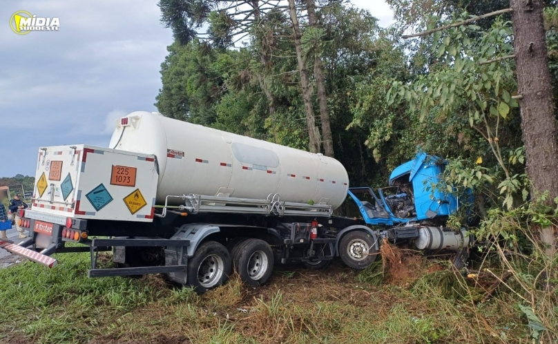 Caminhão de transporte de oxigênio sai da pista e colide contra árvore na BR-376