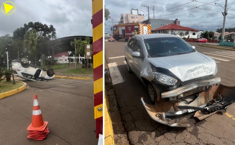 Capotamento deixa passageira ferida após colisão entre carros
