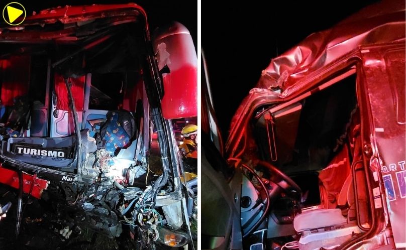 Colisão entre ônibus e carreta deixa motorista preso às ferragens na BR-480