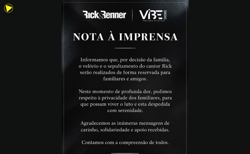 Velório de Rick será reservado para familiares e amigos
