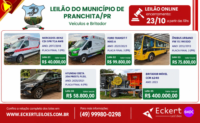 Pranchita realizará leilão de bens públicos no dia 23 de outubro