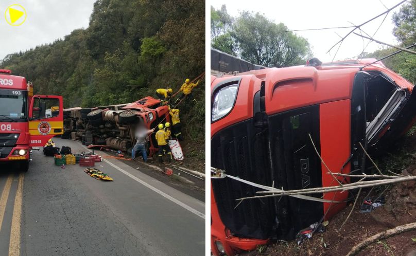 Motorista fica preso às ferragens após tombamento de caminhão