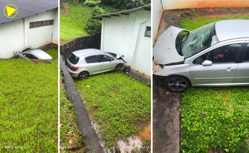 Carro bate contra parede do depósito da Secretaria de Educação em Realeza