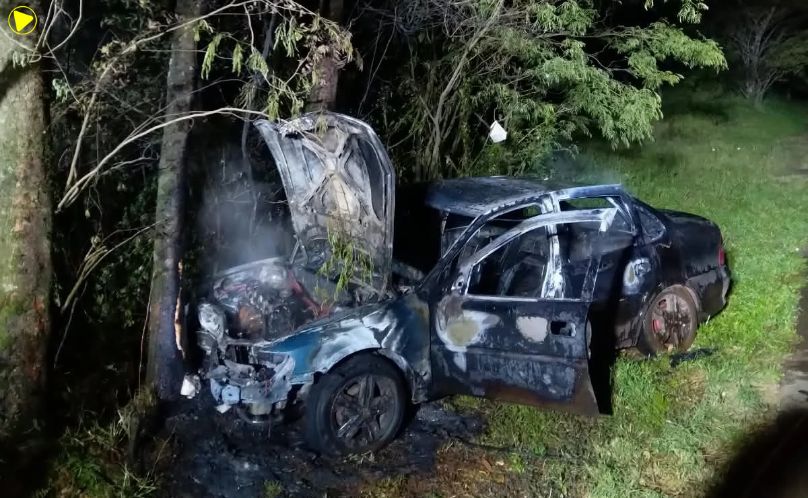 Veículo pega fogo após sair da pista e bater contra árvore