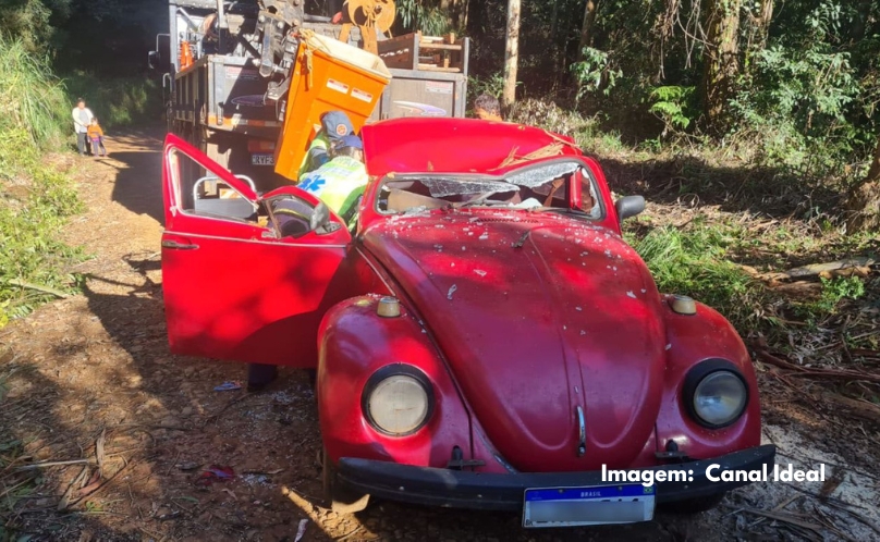 Árvore cai sobre Fusca e deixa pessoas feridas, em Ponte Serrada